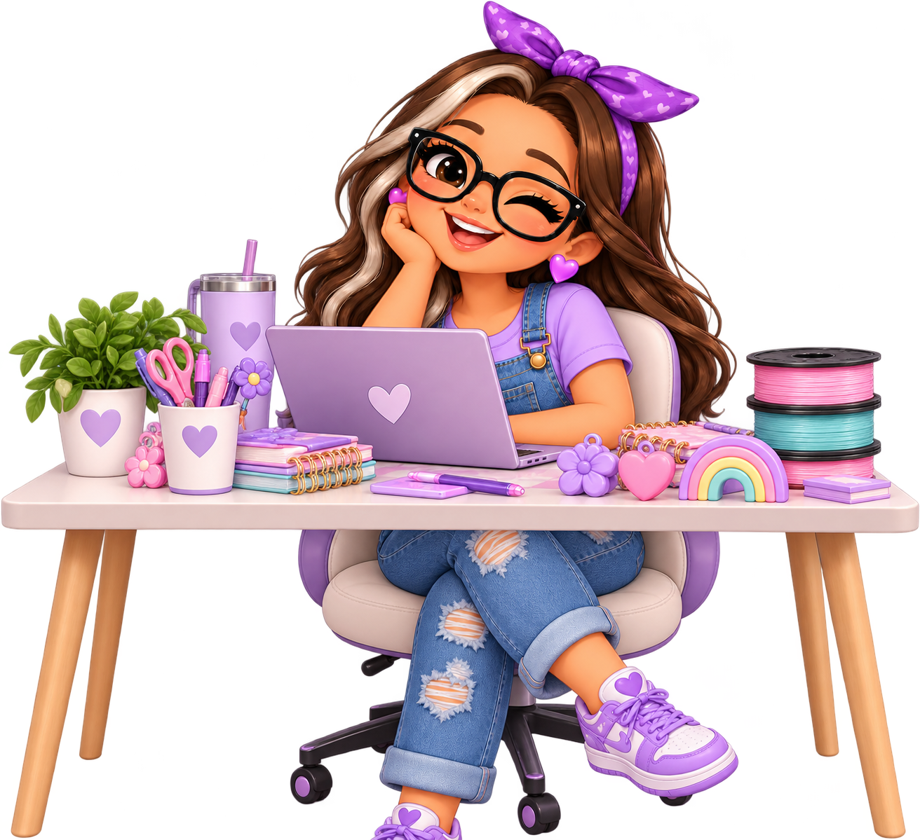 Ale creando en su escritorio con su computadora y materiales