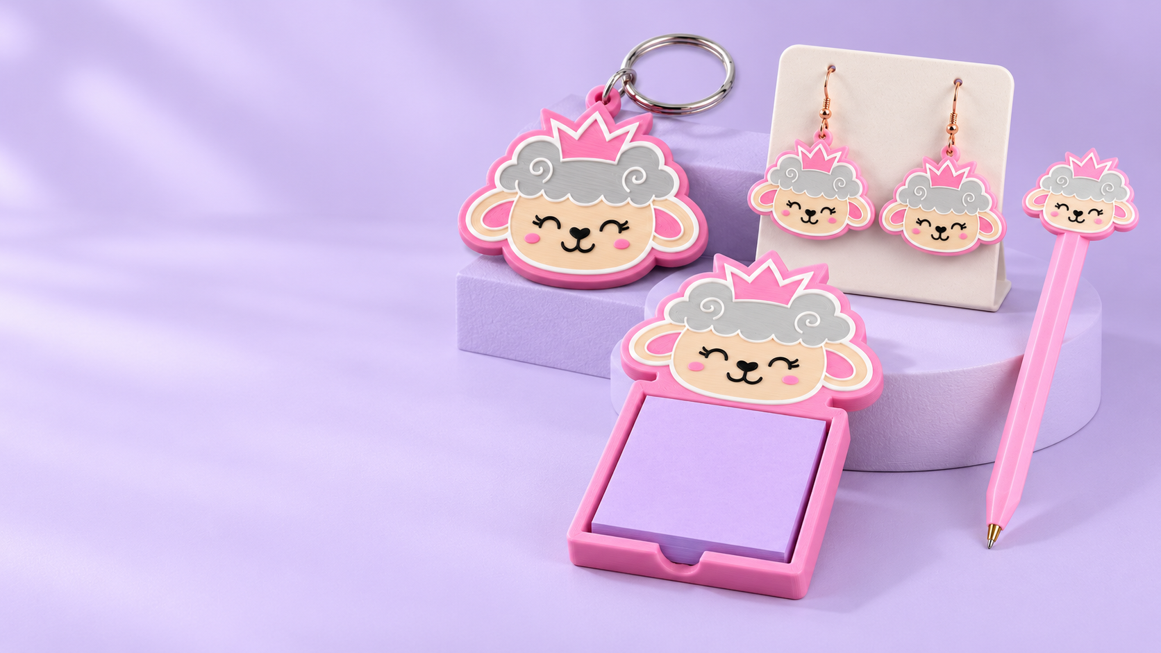 Llavero, aretes, porta notas y bolígrafo personalizados con una ovejita